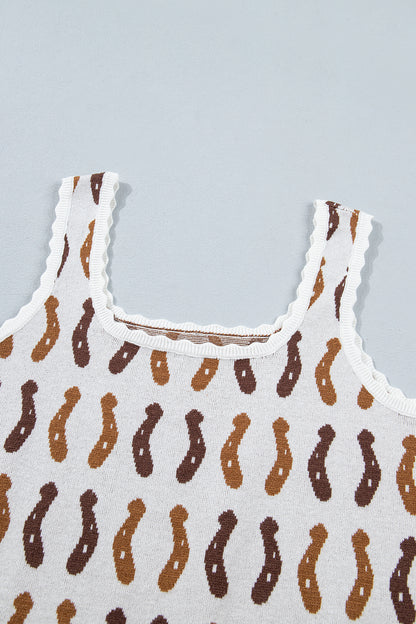 White Western Leopard/ Horseshoe Printed Scalloped Trim Square Neck Sweater Vest