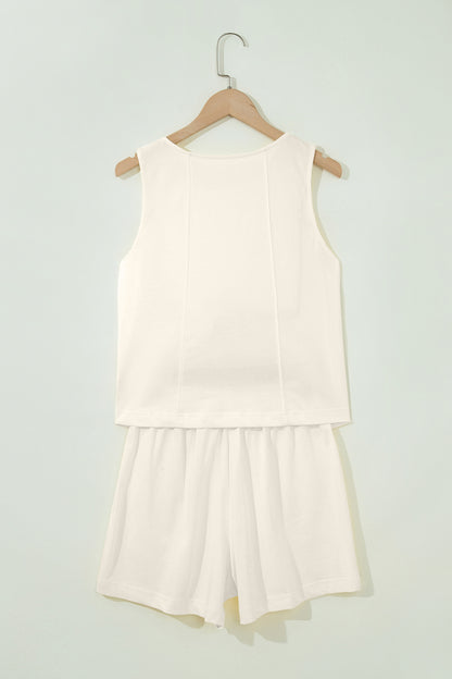 Pink Stitched Detail Loose Tank Top Cotton 2pcs Short Set