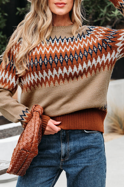 Khaki Aztec Print Colorblock Sweater