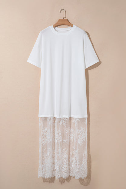 White Floral Patchwork Short Sleeve T Shirt Loose Maxi Dress
