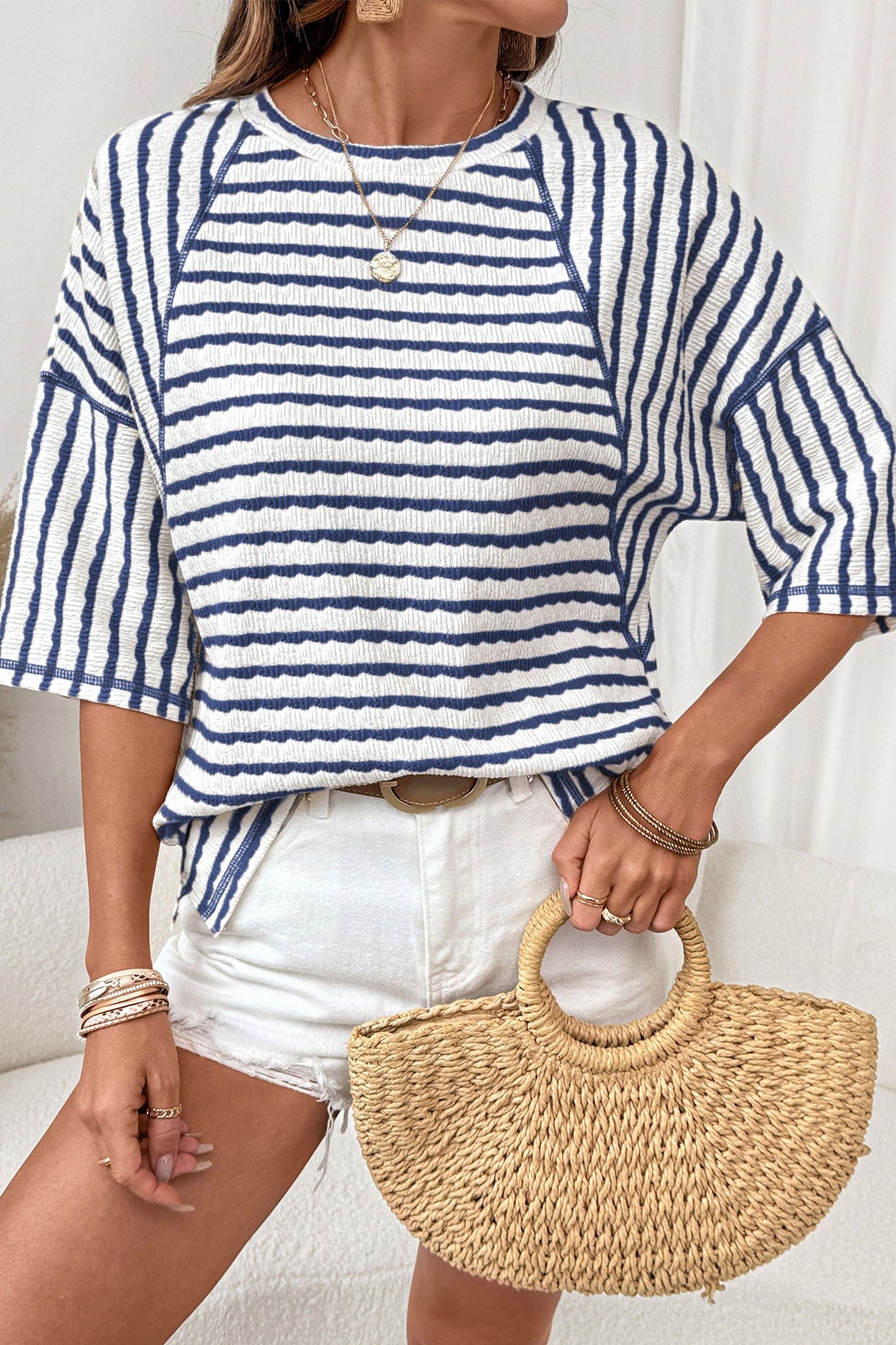 Stripe Textured Knit Half Sleeve Top