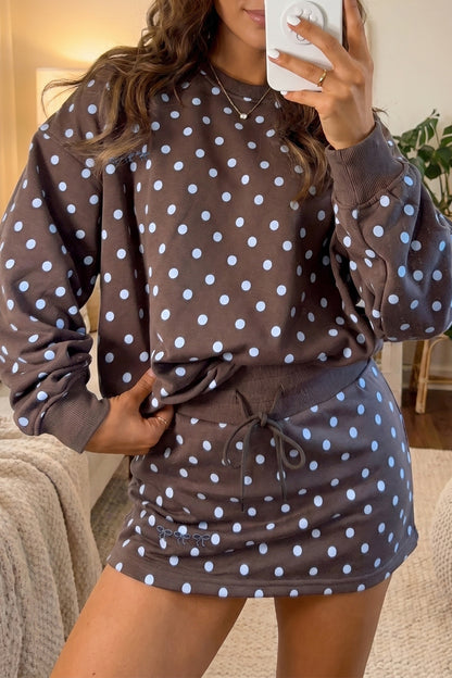 Brown Polka Dot Long Sleeve Pullover Embroidered Bow Detail 2pcs Skort Set