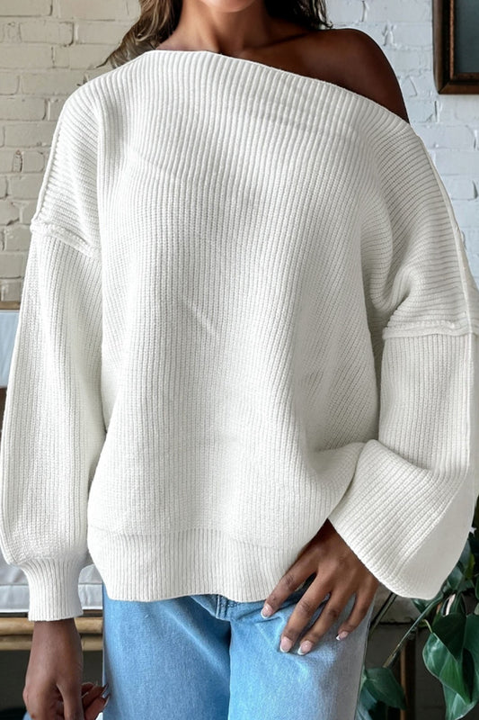 White Neck Drop Shoulder Baggy Slouchy Sweater