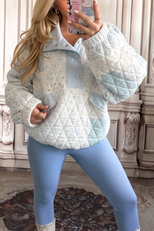Floral Quilted Half Button Pocketed Pullover Sweatshirt