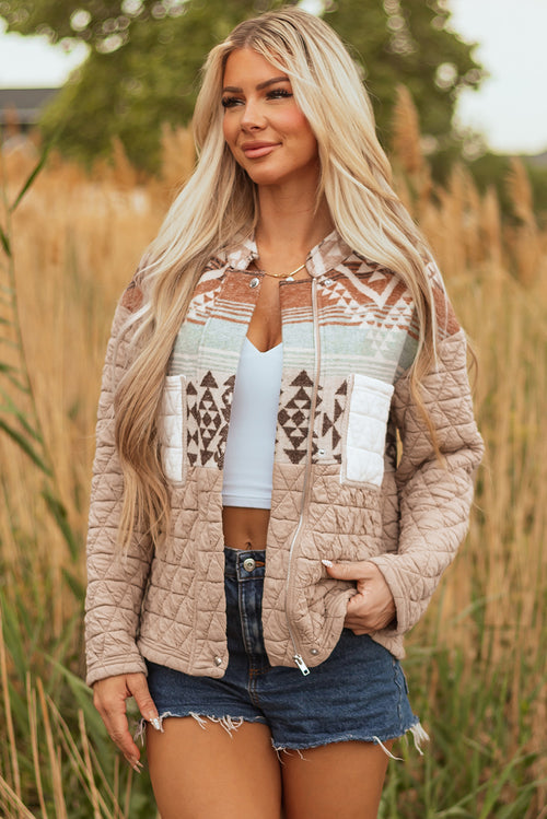 French Beige Aztec Quilted Western  Jacket