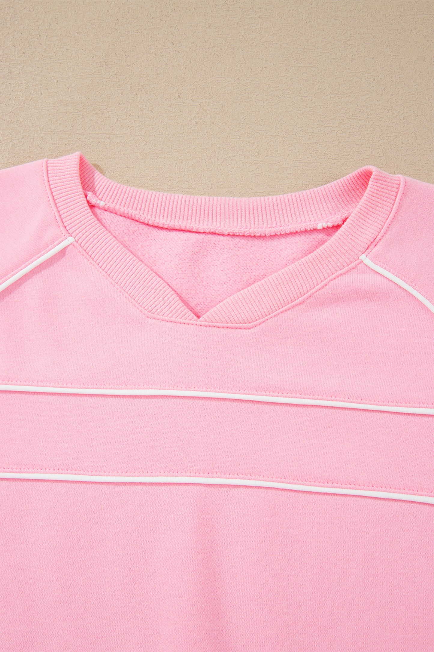 Pink Piping Trim Long Sporty Pullover Drawstring Elastic Waist Shorts Set