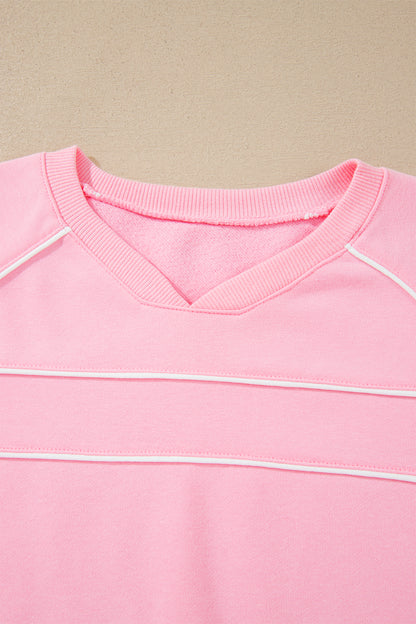 Pink Piping Trim Long Sporty Pullover Drawstring Elastic Waist Shorts Set