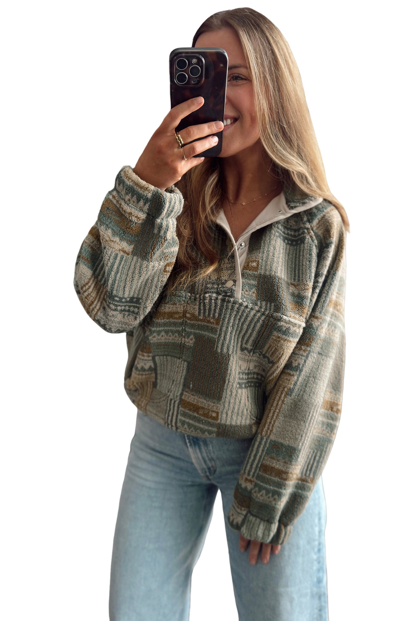 Green Western Print Fleece Pullover